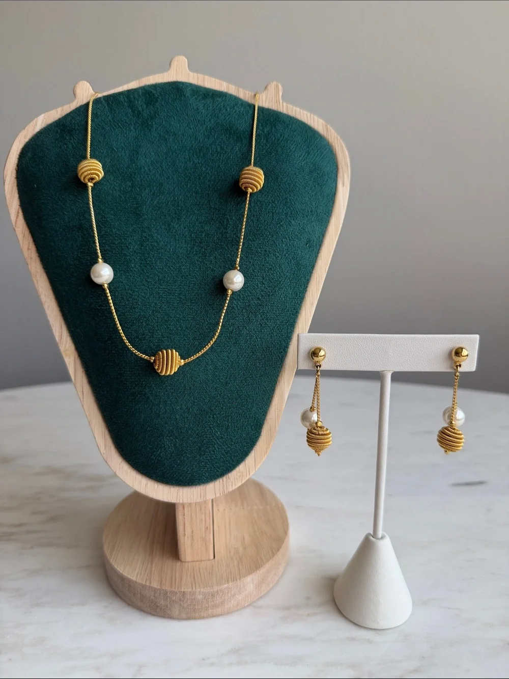 Vintage Gold Rope Sphere and Pearl Bead Necklace & Drop Earring Set